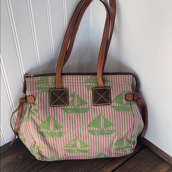 Vintage Dooney & Bourke Pink and Green Canvas and Leather Shoulder Tote Bag - Picture 1 of 8